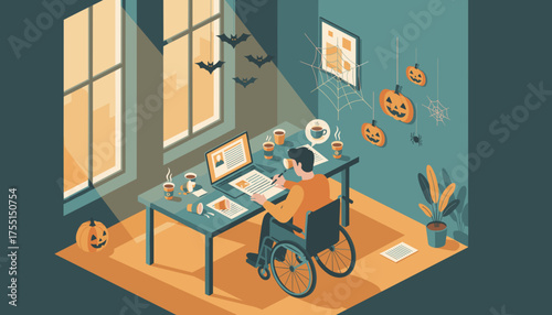 Man in wheelchair working on laptop at Halloween decorated desk busy with coffee cups