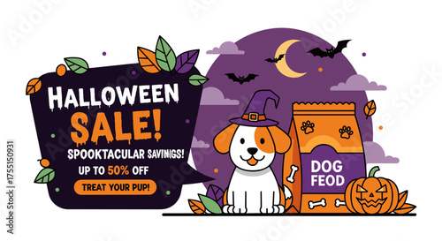 Halloween pet supply sale graphic with a cute dog in a witch hat dog food and pumpkin Spooktacular savings for pet owners