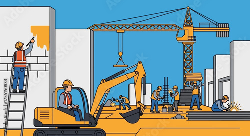 Busy construction site with diverse workers heavy machinery and ongoing building development