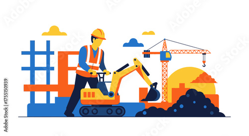 Construction worker operates an excavator on a building site with a crane symbolizing development