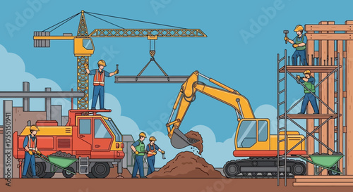 Busy construction site with workers crane and excavator building a structure Teamwork  industry