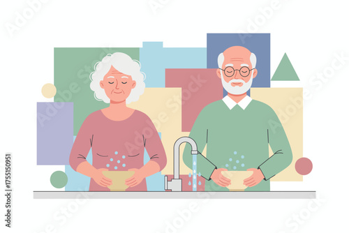 Elderly couple washing bowls together at home Daily routine domestic harmony and shared chores