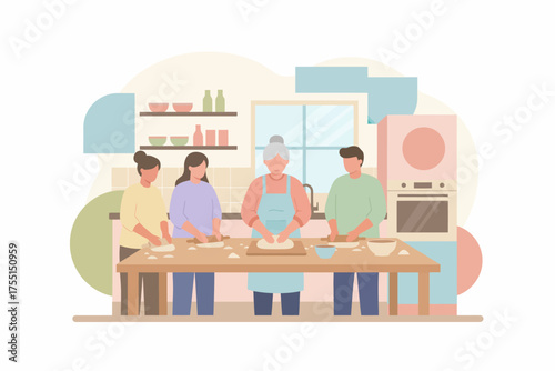 Family generations cooking together in a kitchen kneading dough for baking fostering togetherness