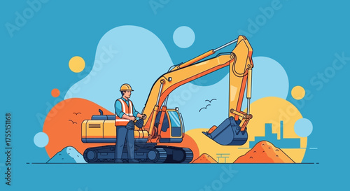Construction worker operates excavator heavy machinery at industrial site Building development infrastructure
