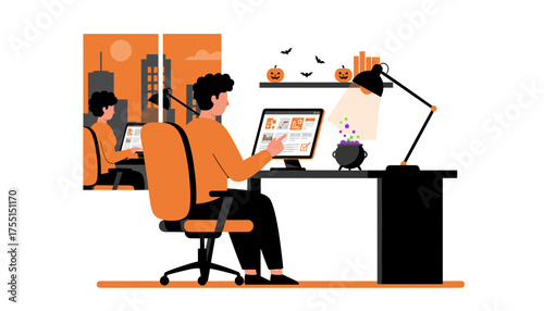Man working on computer in a Halloweenthemed office Business creativity and holiday spirit