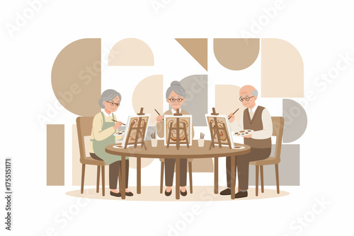 Happy seniors painting together enjoying a creative art class for leisure and wellbeing