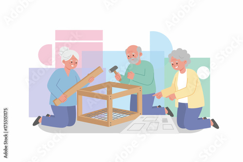 Happy seniors assembling furniture together at home showcasing teamwork and an active lifestyle