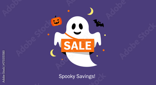 Friendly ghost holding a SALE sign with jackolanterns bats and moons for Halloween holiday promotions and spooky deals
