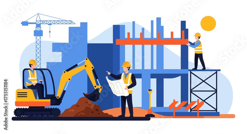 Construction workers building a structure with an excavator and crane symbolizing teamwork and development