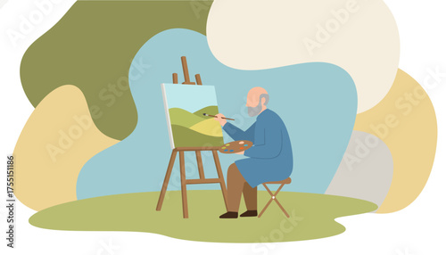 Senior man painting serene landscape outdoors enjoying creative hobby and artistic lifestyle