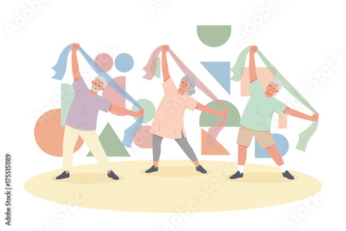 Three active seniors happily exercising with colorful scarves Healthy aging and joyful fitness
