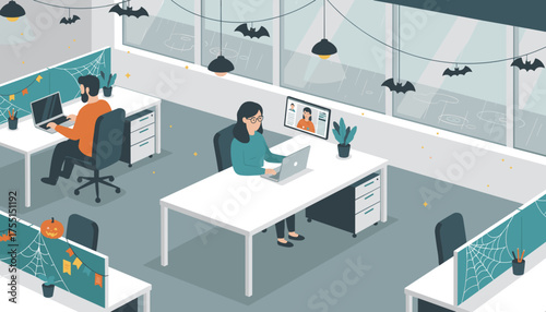 Office team working in a modern cubicle space decorated for Halloween with video calls and a rainy day