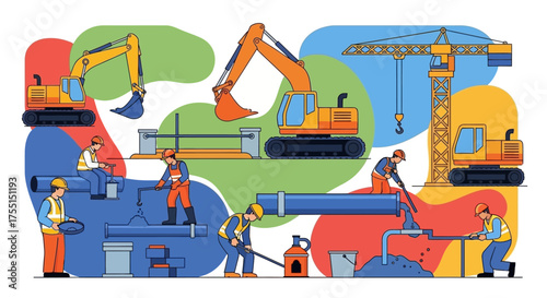 Industrial workers excavators and crane collaborate on pipeline installation and maintenance
