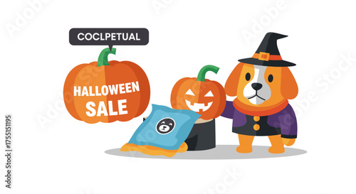 Witch dog with pumpkins and candy for Halloween sale Perfect for holiday marketing seasonal promotions and retail
