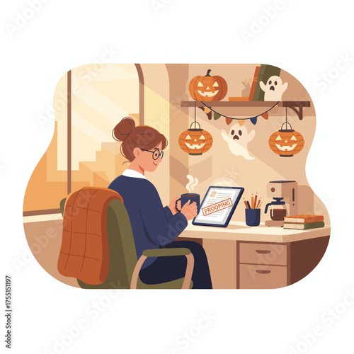 Woman proofreading documents at cozy home office with Halloween decorations