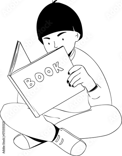 A boy is sitting cross-legged and reading a book. Vector illustration.