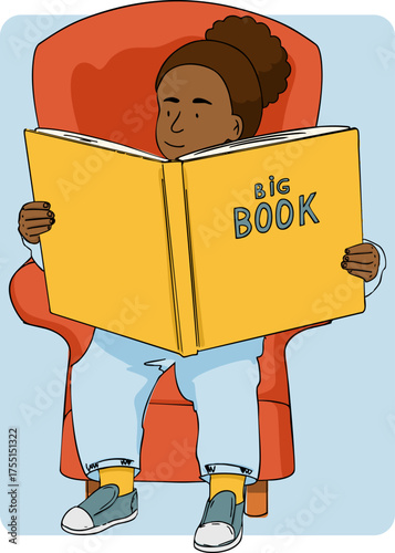 A girl is sitting in an armchair and reading a large book. Vector illustration.