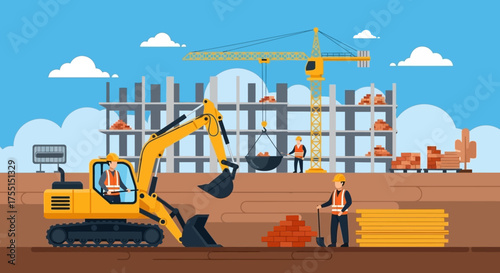Construction workers and machinery building new structures Industry real estate development