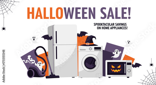 Halloween sale banner for home appliances featuring spooky elements like ghosts bats and spiders for retail promotions