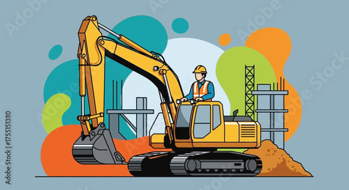 Construction worker operates an excavator at a building site symbolizing industry and development