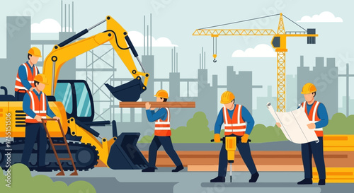 Construction workers and machinery building urban infrastructure symbolizing development and teamwork