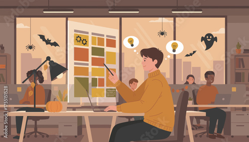 Creative designer generating ideas in a festive autumndecorated office during Halloween season