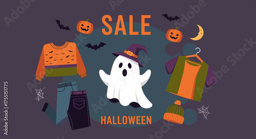 A fun Halloween sale graphic featuring a cute ghost pumpkins bats and festive clothing for seasonal shopping and promotions