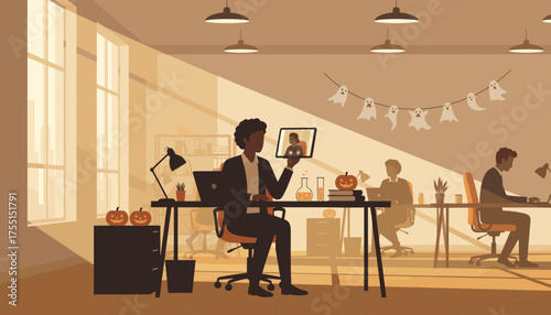 Professional team in a modern office celebrating Halloween with festive decorations and a video call