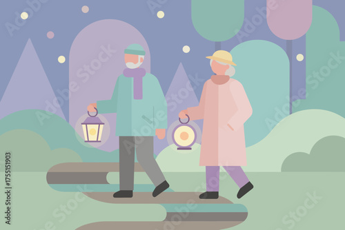 Elderly couple walks with lanterns on a night path symbolizing guidance companionship and tranquility