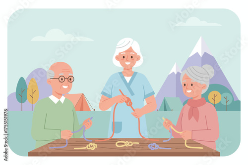 Happy seniors learn knottying from a caregiver in an engaging outdoor camp setting