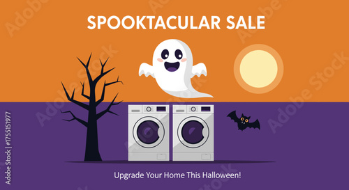 Halloween Spooktacular Sale with ghost bat and appliances Perfect for home upgrade promotions and holiday marketing