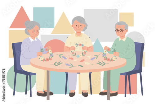 Seniors happily crafting floral wreaths together enjoying a leisurely and creative activity
