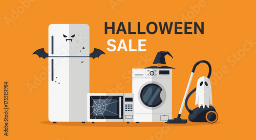 Halloween Sale illustration featuring spooky household appliances for seasonal discounts and online shopping promotions