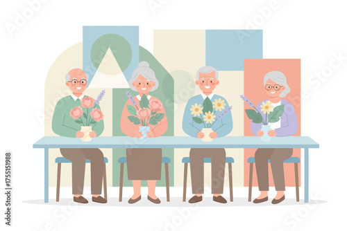 Happy seniors enjoying flower arranging promoting community and wellbeing in later life