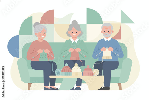 Elderly people happily knitting hats together enjoying a peaceful hobby and community