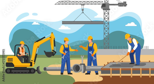 Construction team building infrastructure excavator crane pipe installation and concrete work at a job site