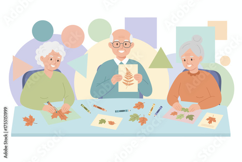 Happy seniors creating leaf art crafts Active aging creative hobby and community leisure activity