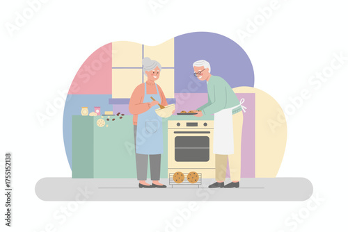 Cheerful senior couple baking cookies in a pastel kitchen enjoying a sweet domestic moment