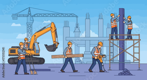 Workers and heavy machinery constructing a building Represents industry labor and urban development