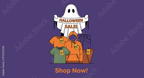 Friendly ghost announces a Halloween sale with 50 off on clothing and apparel Ideal for seasonal retail promotions