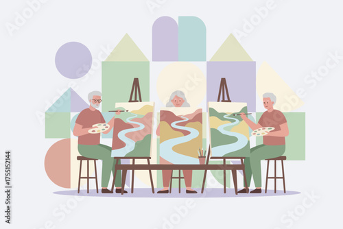 Happy seniors painting landscapes Creative hobby art class leisure and wellbeing