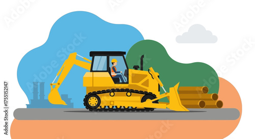 Construction worker operating heavy excavator and bulldozer at a site with pipes and cityscape
