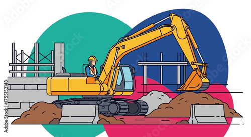 Construction worker operating an excavator at a building site symbolizing industry and development