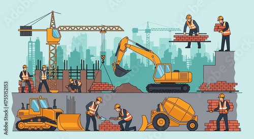Construction site bustling with workers and heavy machinery building a city Industry development