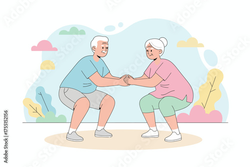 Happy senior couple exercising together doing squats and holding hands for health and partnership