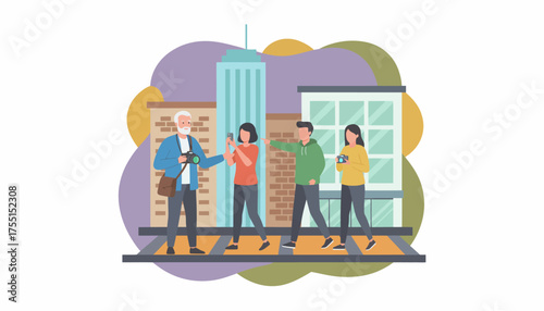 Tourists or friends exploring city taking photos with cameras and phones Urban travel lifestyle concept