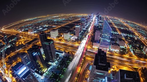 Cityscape Aerial Night Timelapse of Riyadh, Saudi Arabia – Illuminated Towers, Glass Skyscrapers, King Fahd Road and Busy Traffic