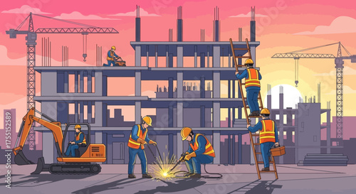 Construction workers busy on a building site at sunrise showcasing teamwork and development