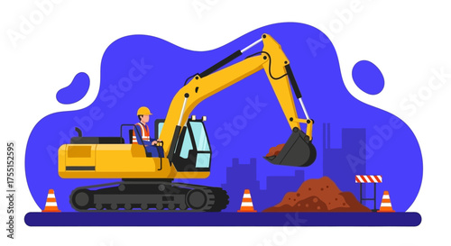 Worker operates yellow excavator at construction site Urban development building industry concept