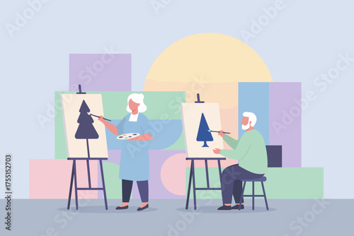 Elderly couple enjoys painting together on easels exploring creativity in a colorful art class